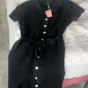 Quince Black Button-Up Dress with Belt